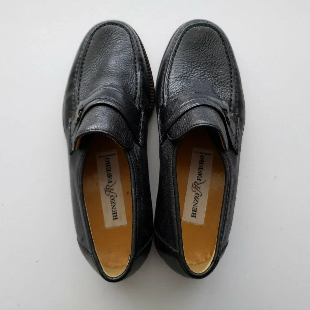 New RENZO FAVERO Men Black Leather Slip On Loafer
